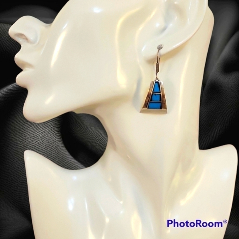Taxco sterling 950 silver turquoise onyx triangle fishhook Western Earrings